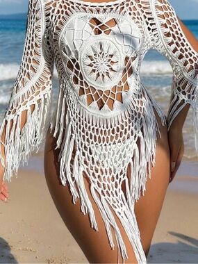 White Crochet Fringe Beach Cover-Up - Women Swim